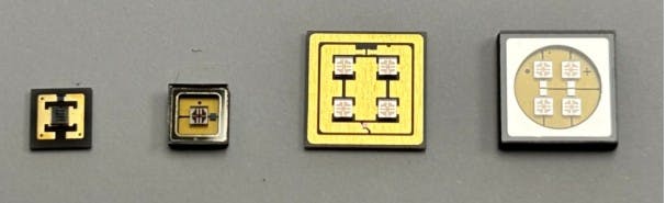 Single-chip Marktech 280nm UVC LEDs: far left COS/No Lens, 2nd from left flat lens SMD Four-chip Marktech 280nm UVC LEDs: (2nd from right COS/No Lens, far right flat lens SMD