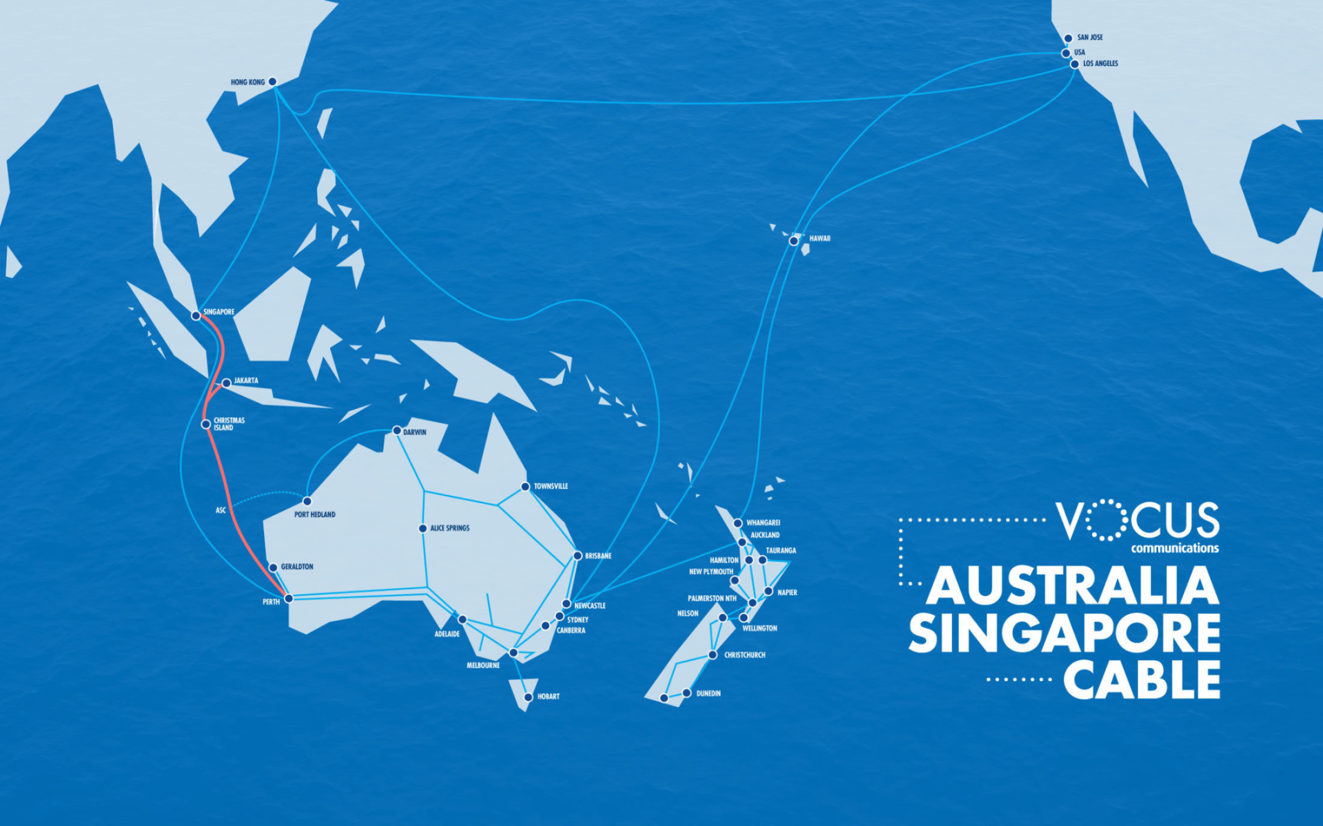 The Australia Singapore Cable (in red above) is a part of a network of submarine cables Vocus operates.