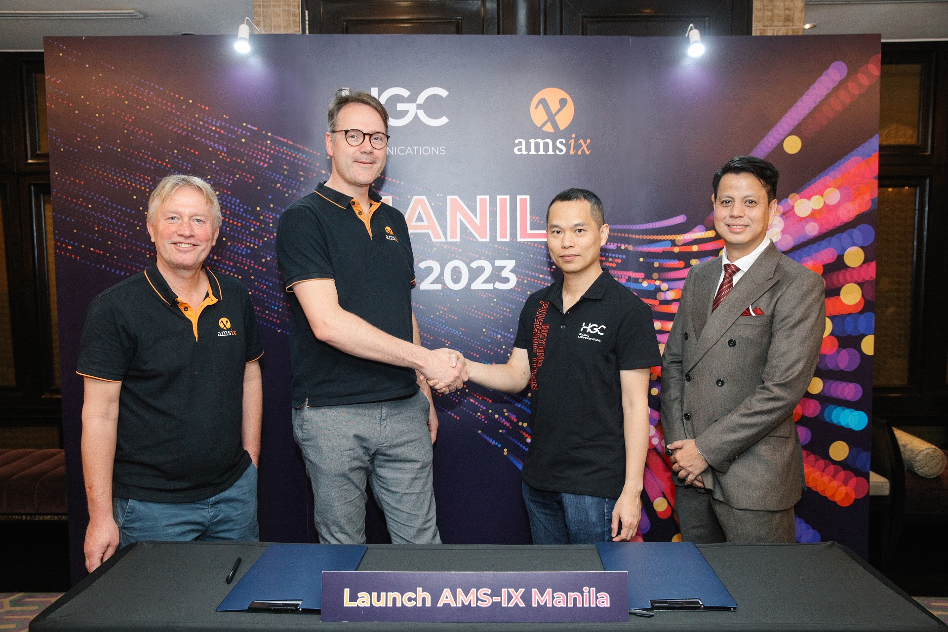 From Left to Right: Onno Bos, international partnership director of AMS-IX; Ruben van den Brink, CTO of AMS-IX; Cliff Tam, senior vice president, global data strategy and operations, international business of HGC; Michael De Castro, president of HGC Philippines.
