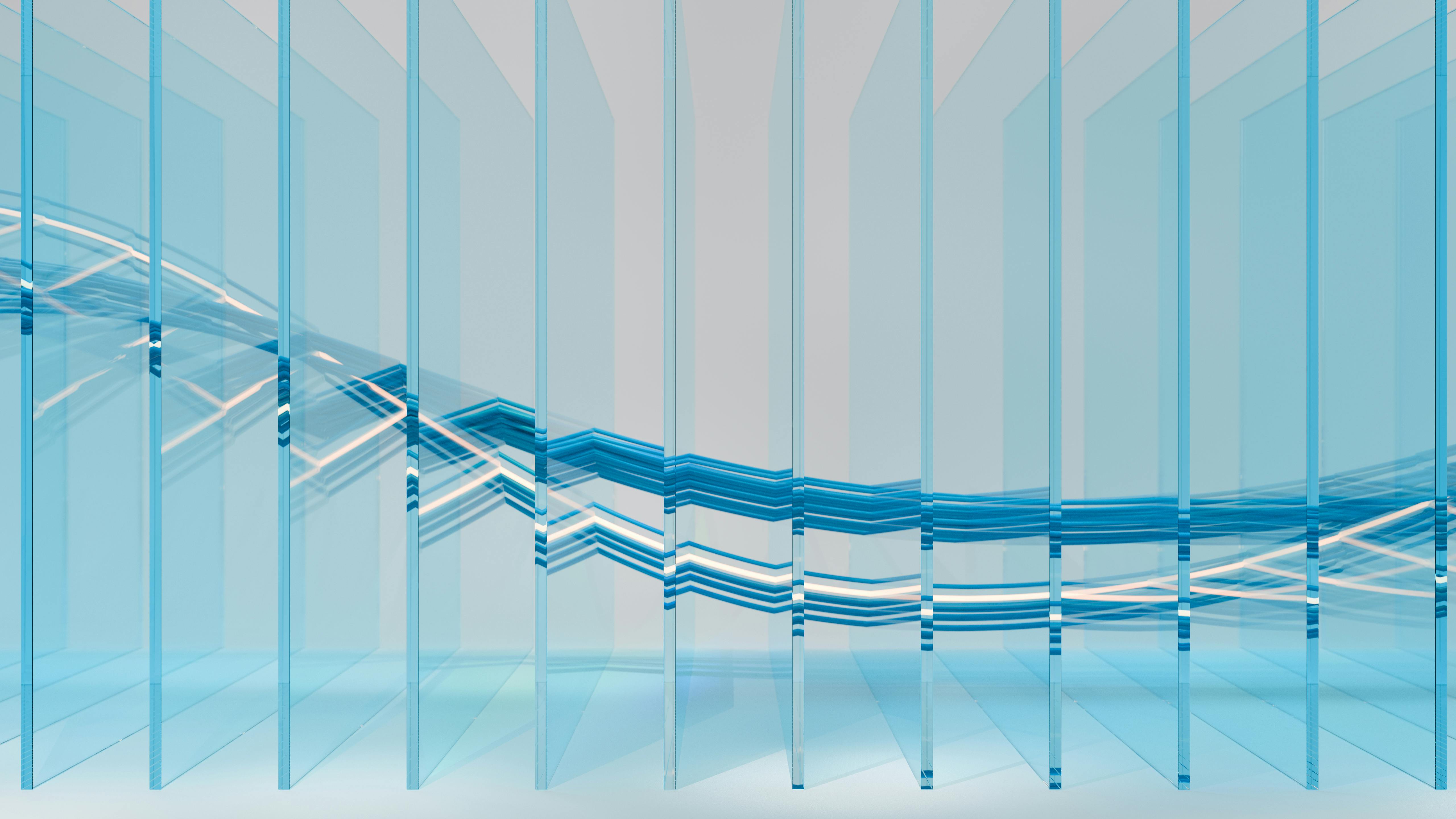 Abstract background of wavy wires passing through an array of thin glass plates.