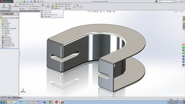 In SolidWorks 2014 Sheet Metal a new Gusset tool lets users select two faces and choose a cross section Then it adds the formed feature