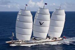 The Maltese Falcon a luxury sailing yacht measures 289ft long with a 41ft beam and x 20ft of draft The design of the sailing rig for this vessel will most likely be studied and improved on for many years to come The Maltese Falcon a luxury sailing yacht measures 289ft long with a 41ft beam and x 20ft of draft The design of the sailing rig for this vessel will most likely be studied and improved on for many years to come