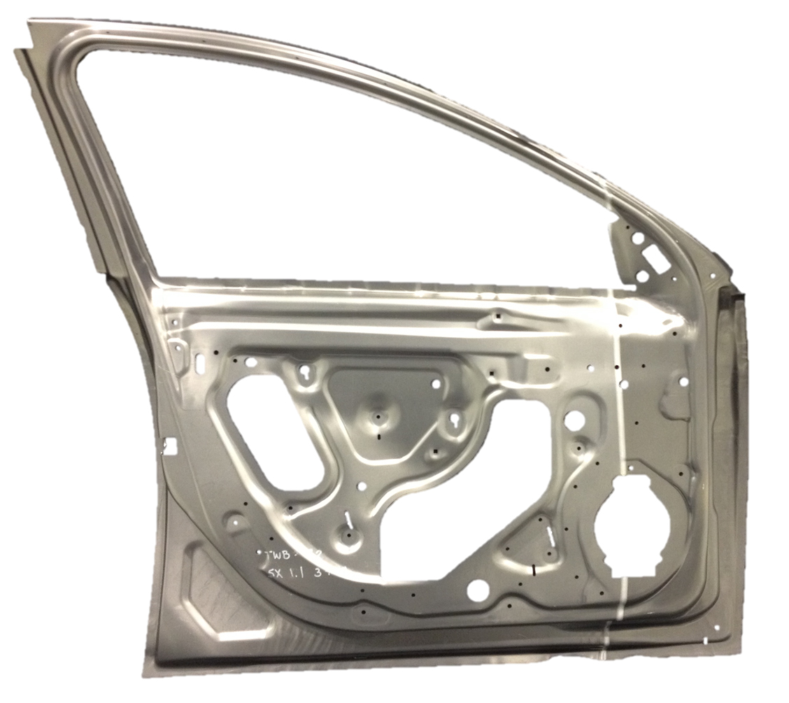 This car door was made stamped out of a blank of aluminum made up of a heavygauge piece of aluminum joined to a lightergauge sheet The heavier metal was used on the right side of the door white line where strength is needed But the lighter metal contributed to a 60 reduction in the doorrsquos weight