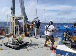 Woods Hole Oceanographic Institution scientists aboard the Schmidt Ocean Institutersquos RV Falkor prepare to lower the rosette responsible for collecting microbes in deadzone regions Woods Hole Oceanographic Institution scientists aboard the Schmidt Ocean Institutersquos RV Falkor prepare to lower the rosette responsible for collecting microbes in deadzone regions
