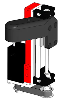 Motion system with framework, motor, belt drive, linear bearing system and lead screw. Motion system with framework, motor, belt drive, linear bearing system and lead screw.
