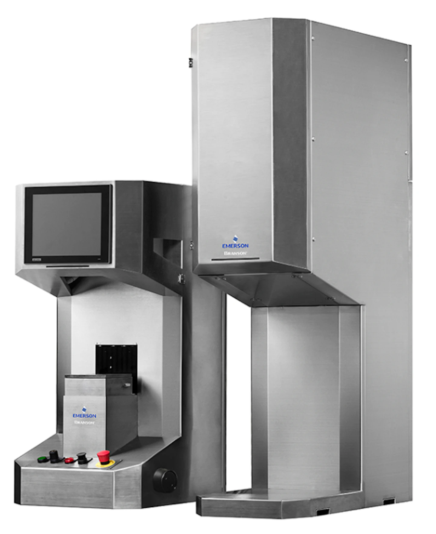 La soudeuse laser Branson GLX Micro d'Emerson est la plus petite des cinq unités de la série GLX.  L'unité de soudage (à gauche) comprend un écran tactile couleur, une table élévatrice de 150 × 150 mm et des forces de serrage jusqu'à 0,05 kN.  Celles-ci en font un excellent choix pour le soudage de pièces microfluidiques destinées à des applications médicales.  L'unité de droite contient la source laser et l'alimentation.