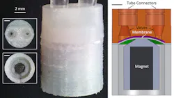 These images show the pump’s ports (top) and embedded magnet (bottom). At center, a side view of a pump. At right: A cross-section of a monolithic, 3D-printed magnetic pump. These images show the pump’s ports (top) and embedded magnet (bottom). At center, a side view of a pump. At right: A cross-section of a monolithic, 3D-printed magnetic pump.