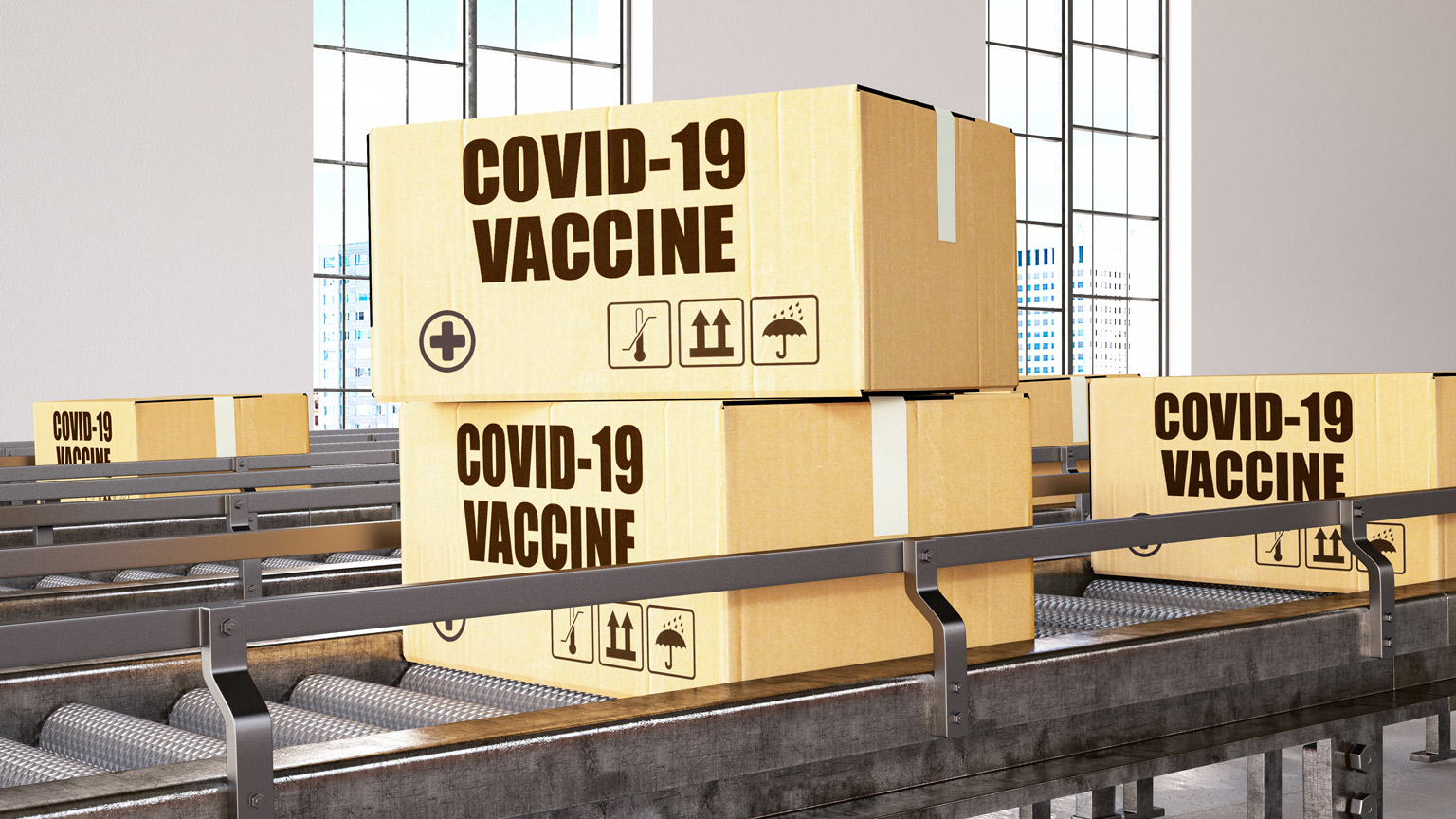 COVID-19 vaccine on conveyor belt
