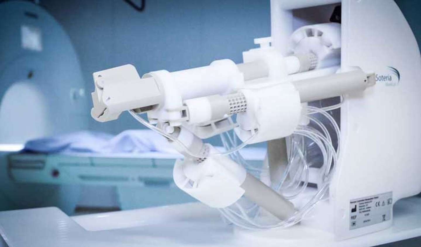 The RCM robot system from Soteria Medical is used inside MRI machines to take biopsies of tumor tissue in a patient’s prostate gland. To make the robot free of any metal that would disturb the MRI machine, it uses pneumatic actuators and controls from Festo.