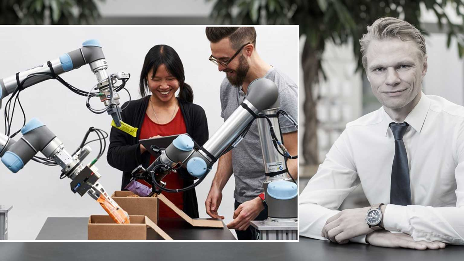 Kim Povlsen, with inset photo of UR robot arm