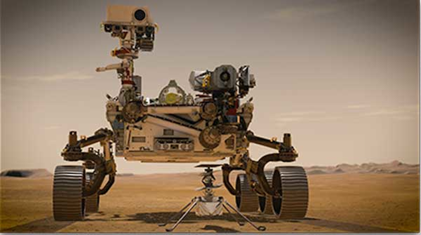 The Perseverance rover and the Ingenuity drone explore the surface of Mars.
