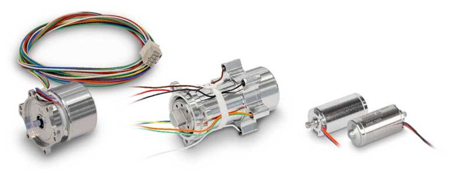 The rover uses nine modified EC 32 horizontal drivers (right) from maxon and an EC 20 flatbed driver with a 22 UP GP gear head, all from maxon.  Six DCX 10 motors (left) move the swashplate on the drone which controls the tilt of the rotor blades.
