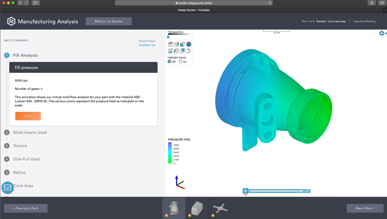 Protolabs ' e-commerce platform voert productieanalyse uit.