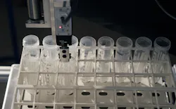 The gantry robot provides the speed and precision needed to handle 10,000 test tubes per day. The gantry robot provides the speed and precision needed to handle 10,000 test tubes per day.