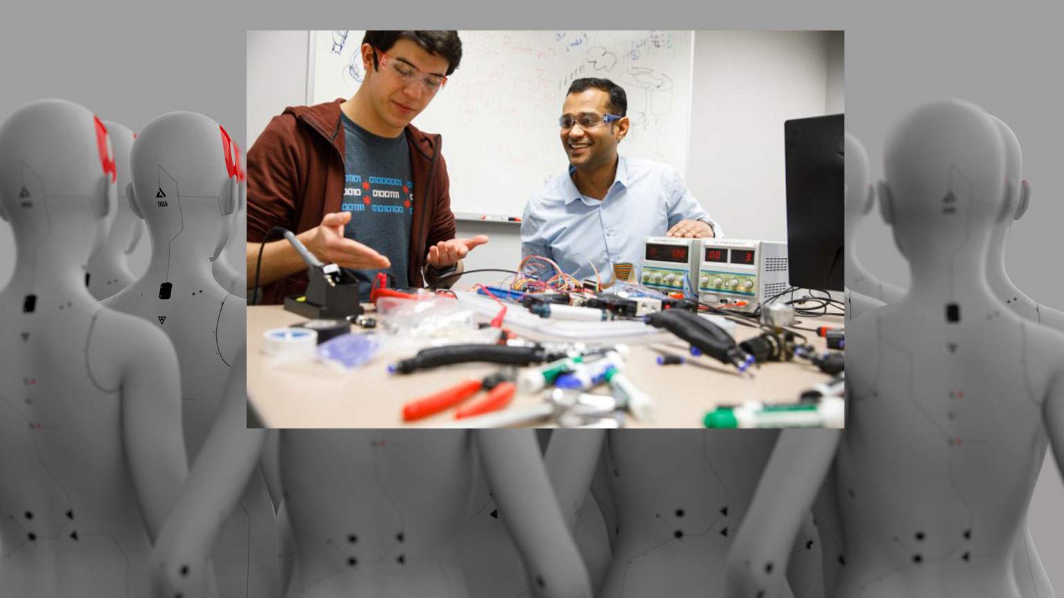 Gregory Mendez Weeks and Isuru Godage superimposed over background image of robots