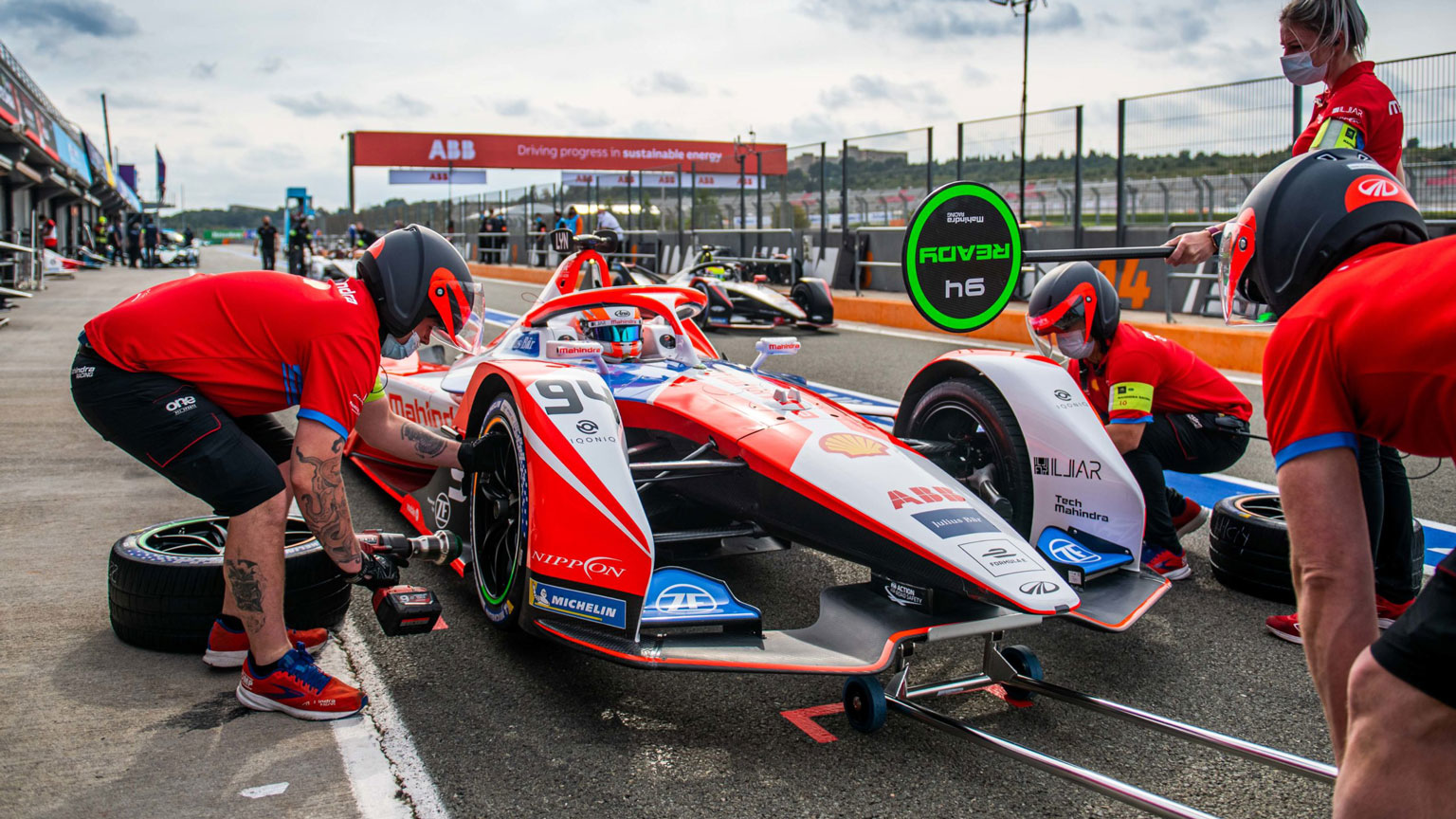 Crew working on Mahindra Formula E car
