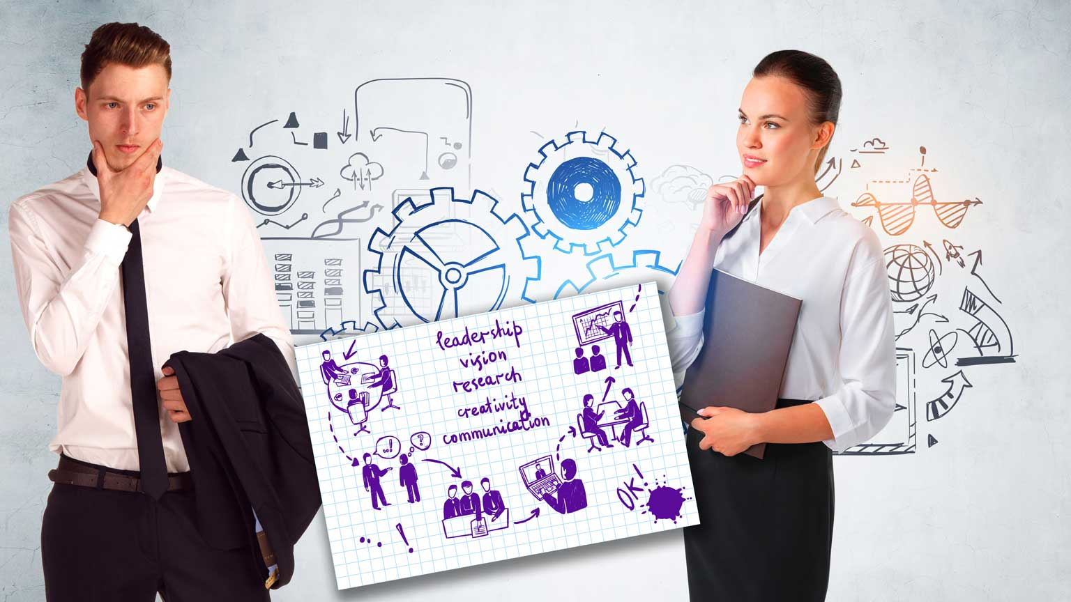 Engineers standing in front of gears sketch, with Part 3 graphic