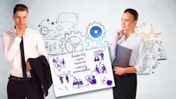 Engineers standing in front of gears sketch, with Part 3 graphic Engineers standing in front of gears sketch, with Part 3 graphic