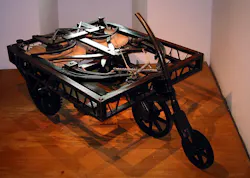 This cart, which was designed but never built by Leonardo Da Vinci in the 1600s, is powered by coiled springs and can be steered and braked. Historians concluded it was designed for use in theaters. This cart, which was designed but never built by Leonardo Da Vinci in the 1600s, is powered by coiled springs and can be steered and braked. Historians concluded it was designed for use in theaters.