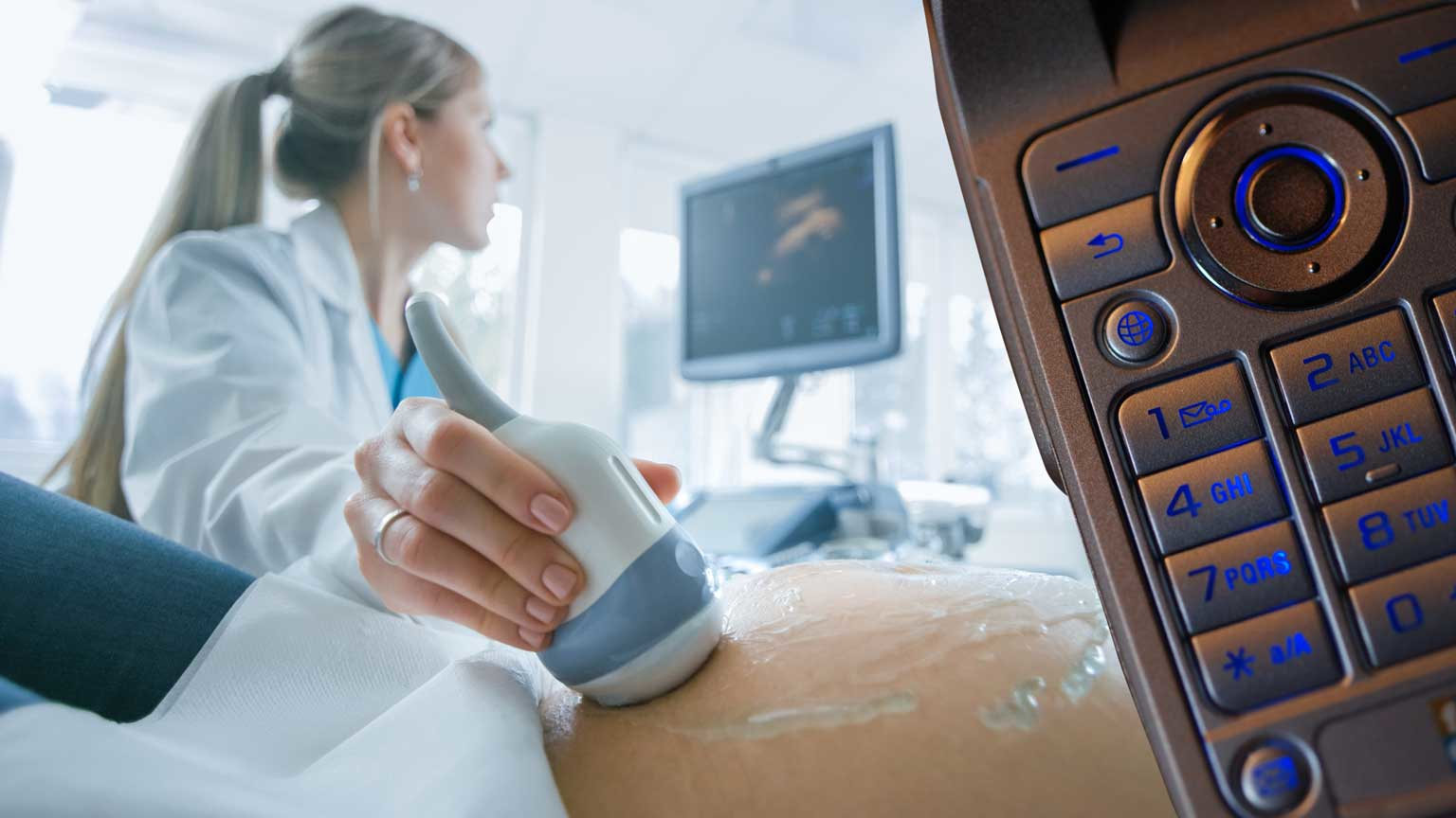 Collage of medical professional administering ultrasound and phone