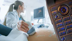 Collage of medical professional administering ultrasound and phone Collage of medical professional administering ultrasound and phone