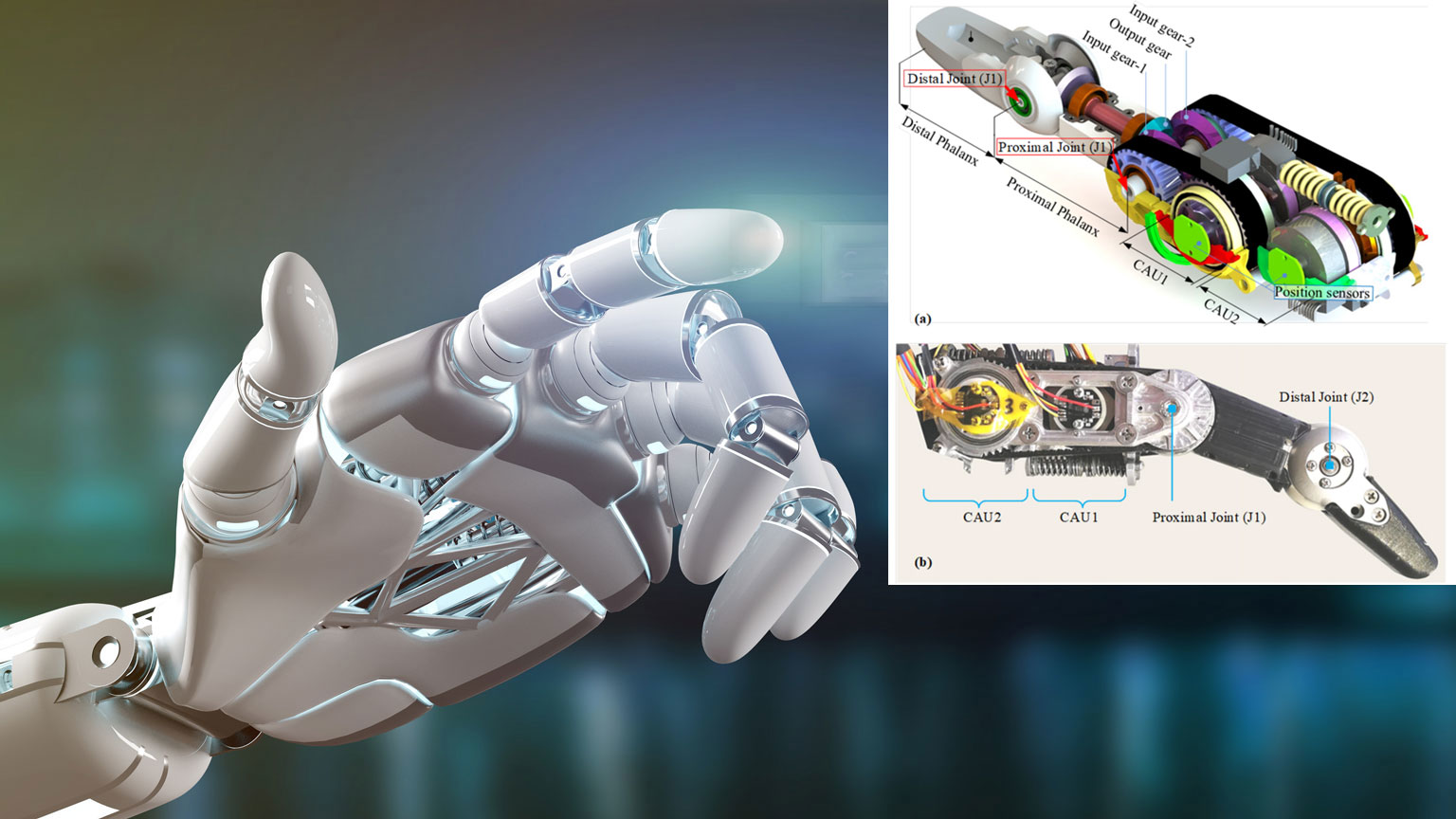 Sectional view of CAD model inset over image of robotic hand