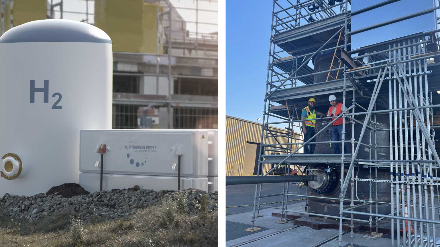 Hydrogen and renewable energy production and technicians working on SR2 reformer prototype