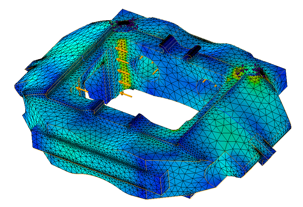 Using Von Mises Stress simulation to determine brake caliper stress.