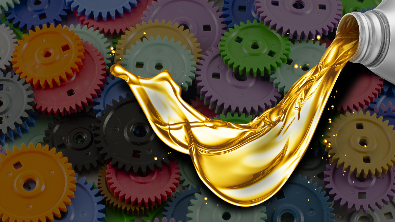 Image of pouring oil superimposed over colored gearss