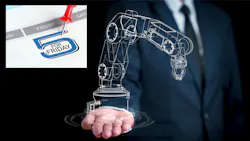 Line graphics depicting a robotic arm, with 5 for Friday logo Line graphics depicting a robotic arm, with 5 for Friday logo