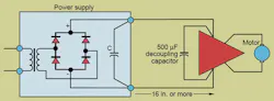 If the servoamps lead are longer than 16 in., a decoupling capacitor is still often needed at the servoamp even if there is a large capacitor in the power supply. If the servoamps lead are longer than 16 in., a decoupling capacitor is still often needed at the servoamp even if there is a large capacitor in the power supply.