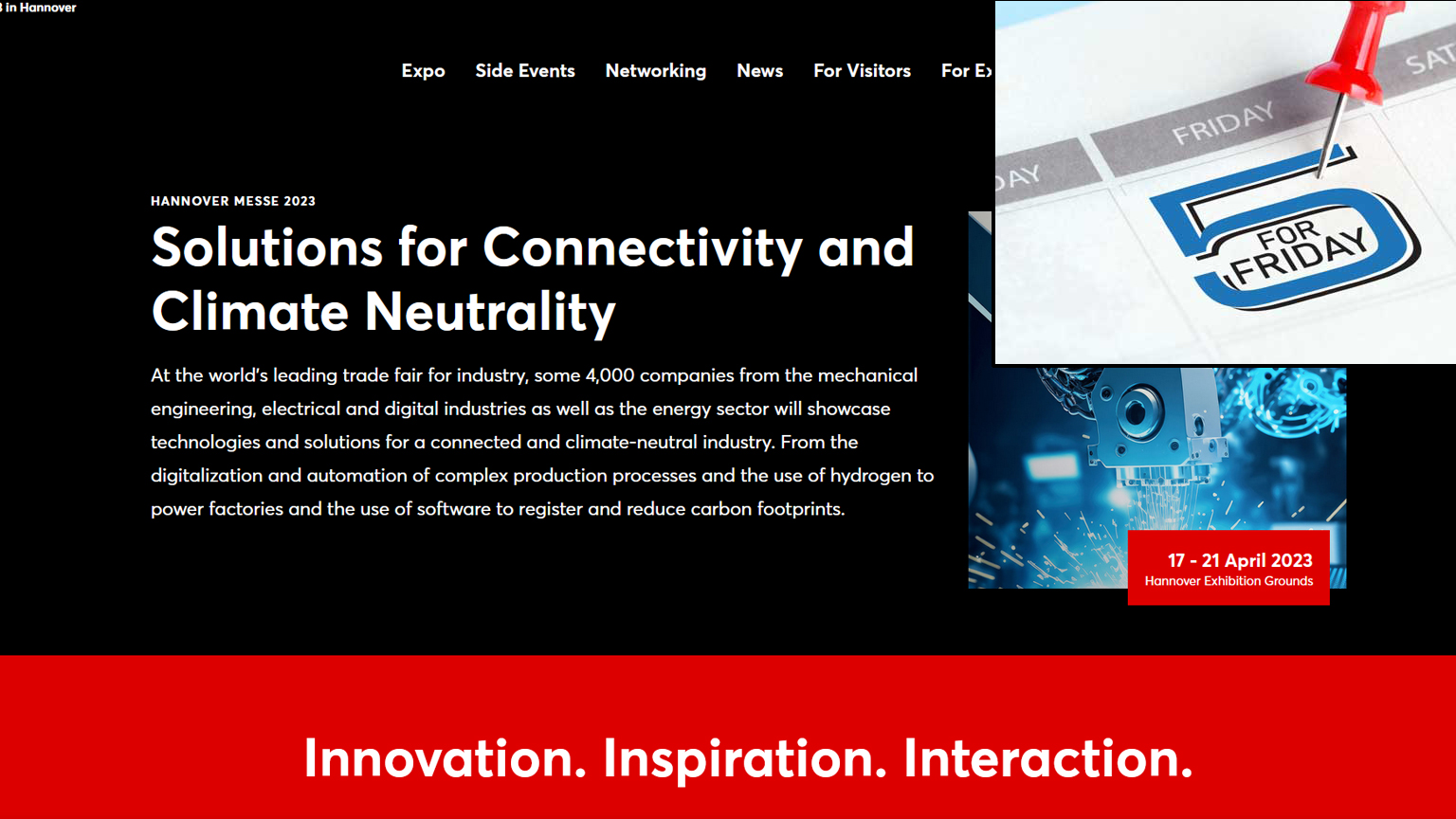 Hannover Messe home page capture with 5 for Friday logo