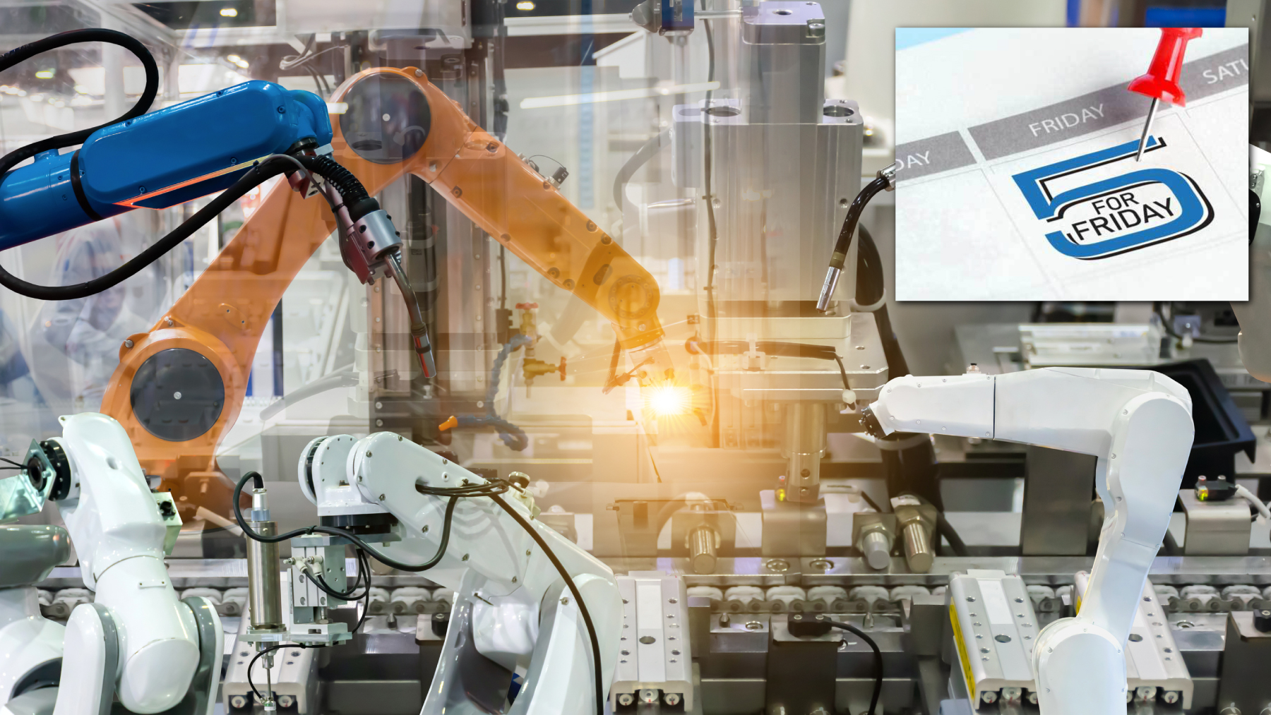 m of EIndustrial robot mechanical arm with 5 for Friday logo