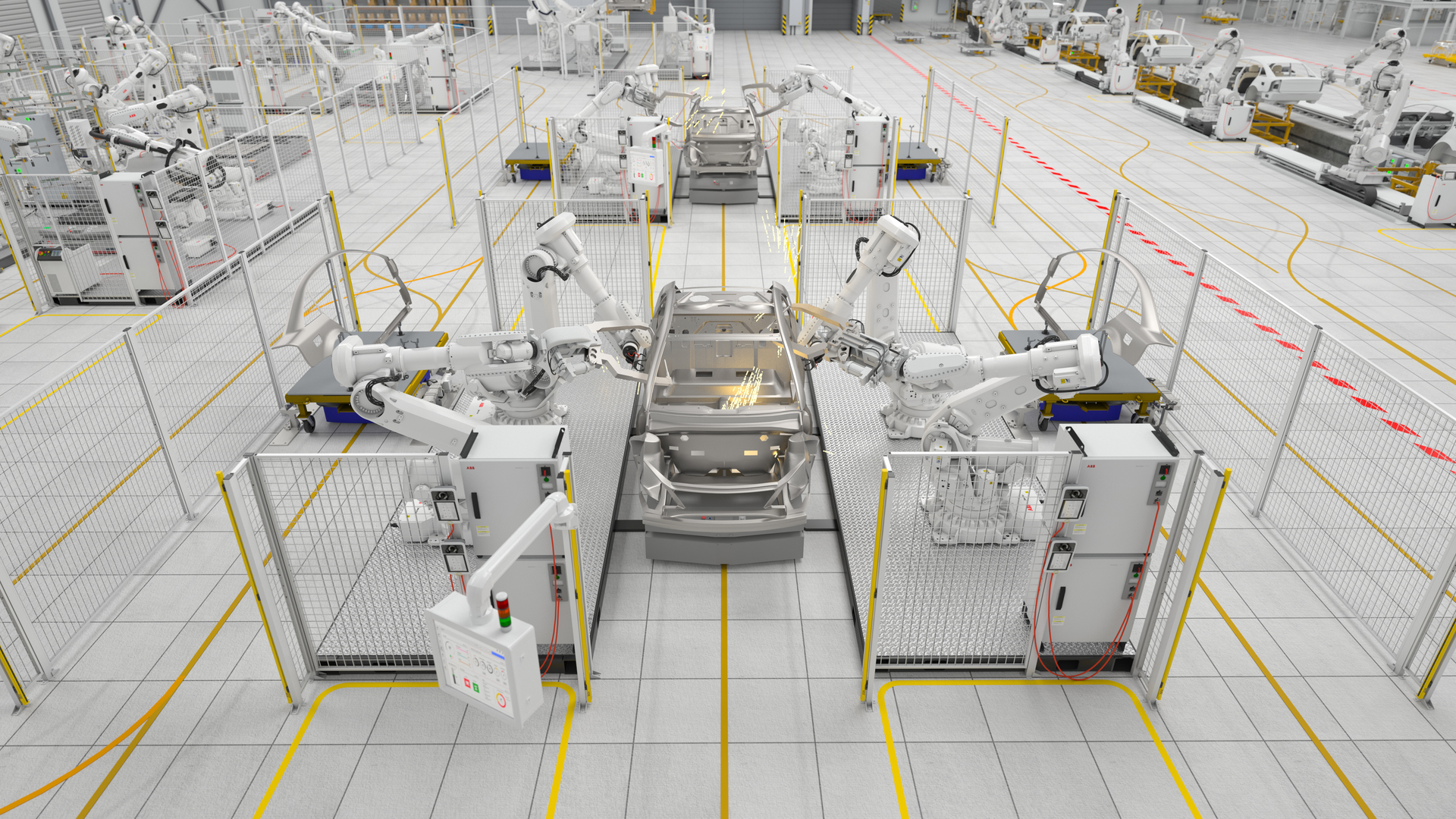 ABB robots engaged in spot welding.