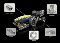 The Formula Electric at Berkeley racecar features mechanical components manufactured by Fictiv, including the front and rear uprights, brake rotors, motor shaft and bearing retainers for the UC Berkeley race vehicle using CNC machining. The Formula Electric at Berkeley racecar features mechanical components manufactured by Fictiv, including the front and rear uprights, brake rotors, motor shaft and bearing retainers for the UC Berkeley race vehicle using CNC machining.
