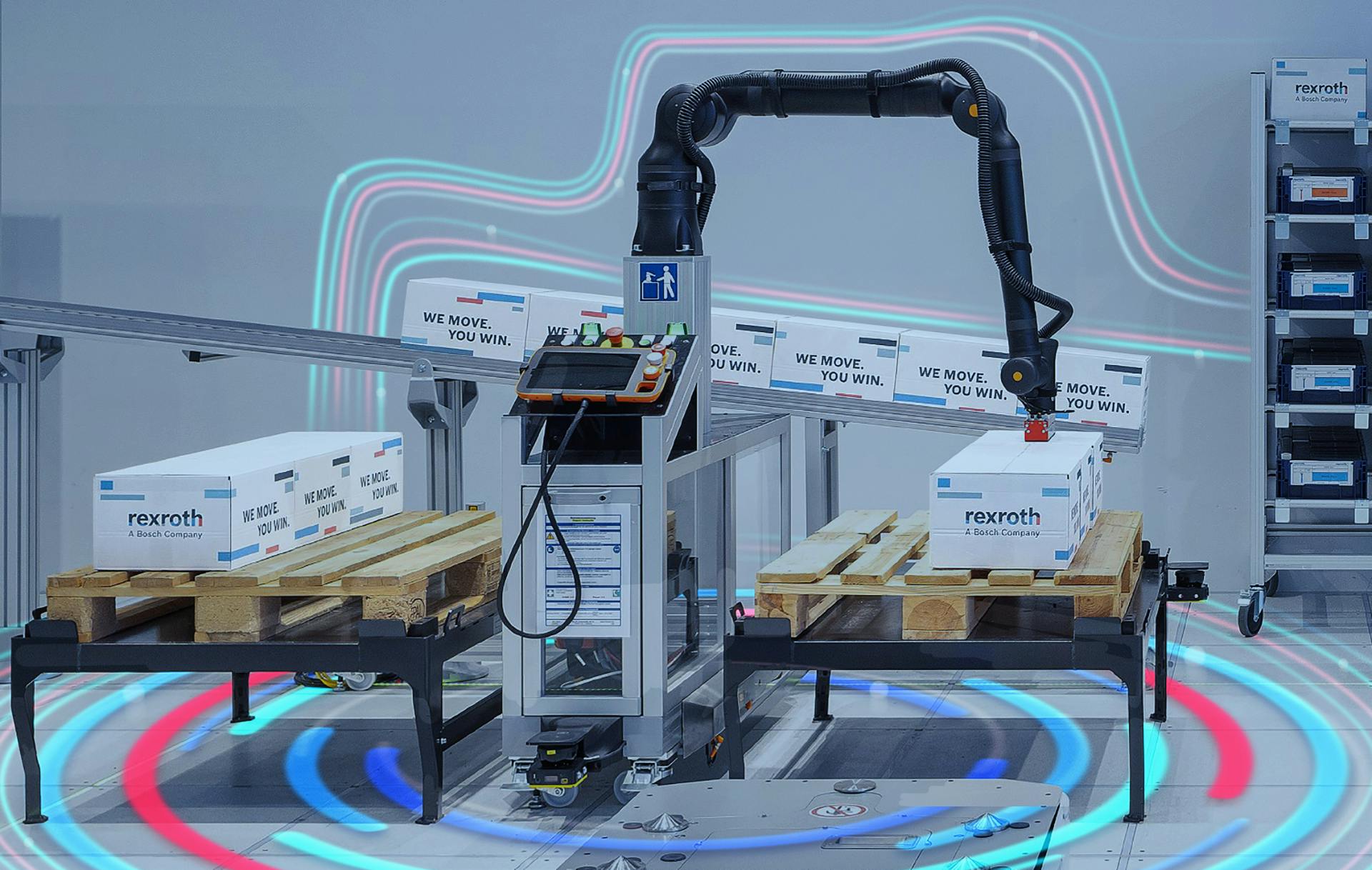 Bosch Rexroth's featured a multi-tech palletizing demo, highlighting different components&mdash;from conveyors and control systems to linear motor modules and a multi-axis handling system.