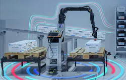 Bosch Rexroth's featured a multi-tech palletizing demo, highlighting different components—from conveyors and control systems to linear motor modules and a multi-axis handling system. Bosch Rexroth's featured a multi-tech palletizing demo, highlighting different components—from conveyors and control systems to linear motor modules and a multi-axis handling system.