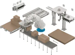 Vacuum grippers hold boxes in a warehouse. Adding pneumatically based grippers would give this robot greater flexibility to pick and sort mixed-product packaging. Vacuum grippers hold boxes in a warehouse. Adding pneumatically based grippers would give this robot greater flexibility to pick and sort mixed-product packaging.