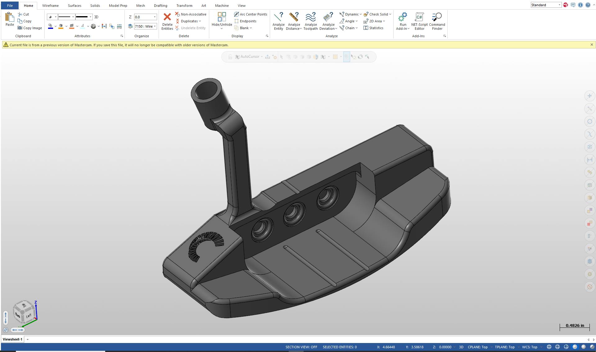 CAD/CAM software screenshot of the putter that was produced using closed-loop manufacturing practices.