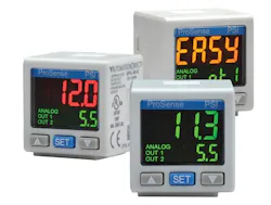 Digital pressure switches, such as these AutomationDirect ProSense versions, provide an analog output proportional to pressure, along with a local indication of pressure. Digital pressure switches, such as these AutomationDirect ProSense versions, provide an analog output proportional to pressure, along with a local indication of pressure.