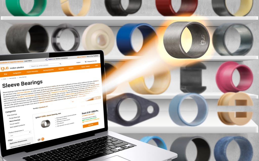 The igus online shop for plain bearings integrates a catalog, webshop and calculation program into a single platform.