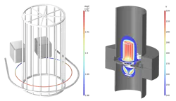 Fig. 2: The simulation results of INFICON’s gauge design, showing the filament temperature (left) and the electric potential surrounding the grid structure (right). Fig. 2: The simulation results of INFICON’s gauge design, showing the filament temperature (left) and the electric potential surrounding the grid structure (right).