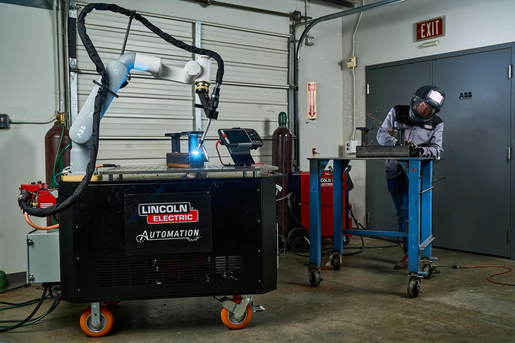A cobot welding system from ABB was developed by Cooper in conjunction with Lincoln Electric. It features a teach pendant interface with a built-in welding library.