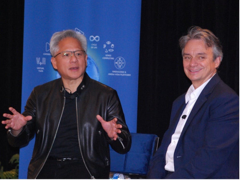 NVIDIA CEO Jensen Huang (left) joined Dassault Syst&egrave;mes CEO Pascal Daloz at 3DExperience 2026.