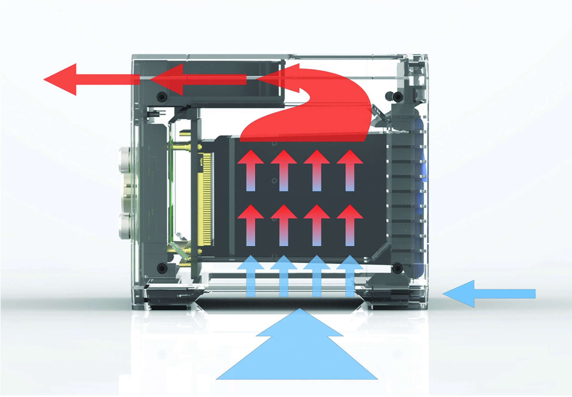 This illustration show how VITA 48.8 air-flow-through cooling can increase heat dissipation in high-performance embedded computing.
