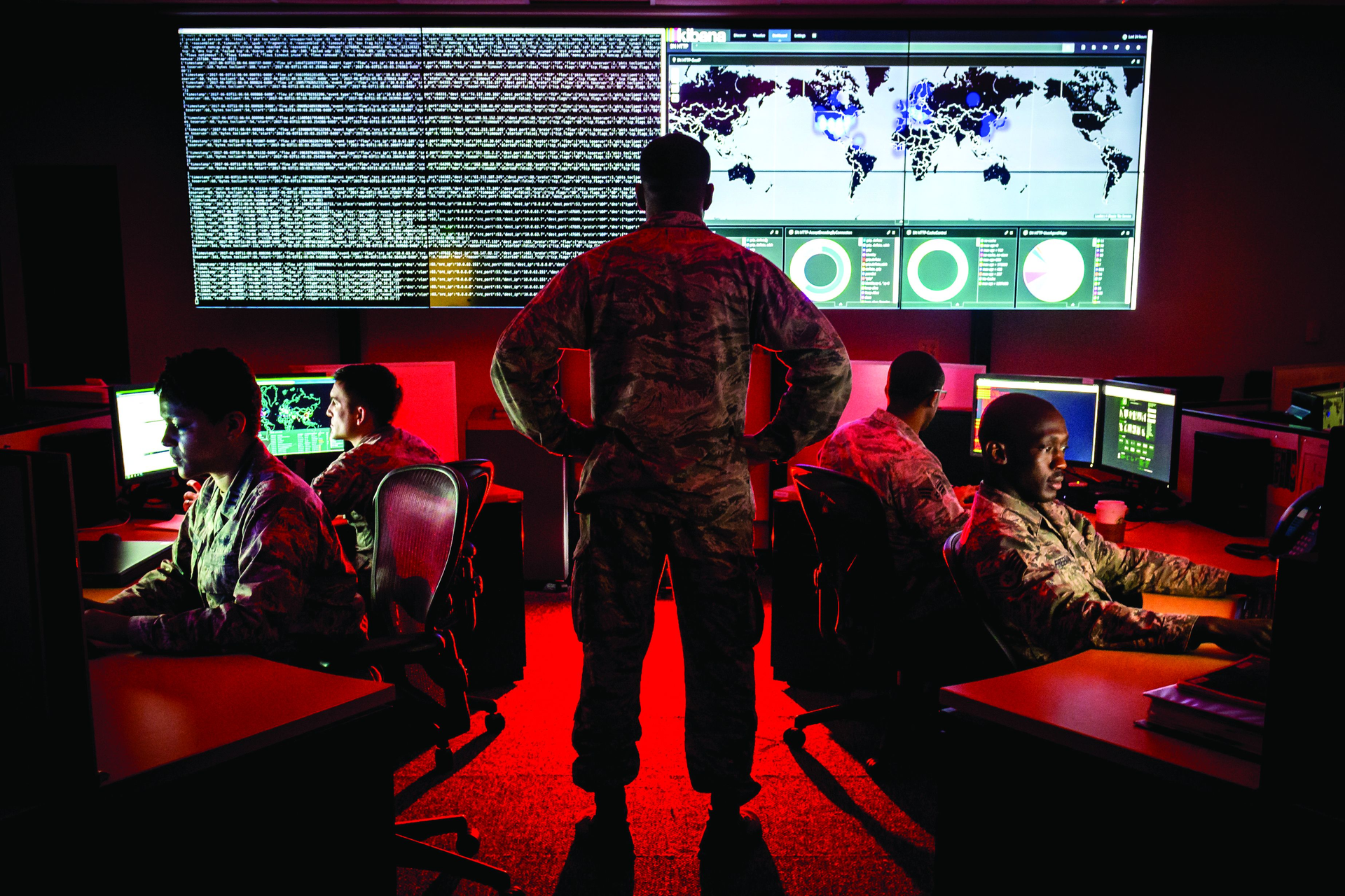 Personnel with the 175th Cyberspace Operations Group conduct cyber operations at Warfield Air National Guard Base in Middle River, Md.