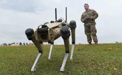 Master Sgt. Krystoffer Miller, 325th Security Forces Squadron operations support superintendent, operates a Quad-legged Unmanned Ground Vehicle at Tyndall Air Force Base, Fla. Master Sgt. Krystoffer Miller, 325th Security Forces Squadron operations support superintendent, operates a Quad-legged Unmanned Ground Vehicle at Tyndall Air Force Base, Fla.