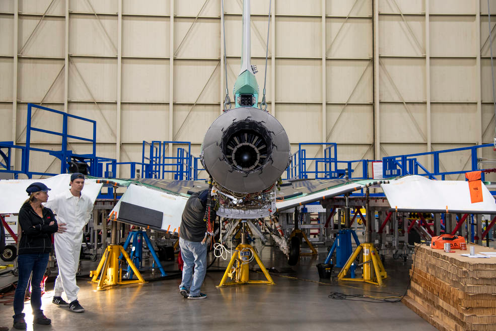 A GE Aviation F414-GE-100 engine is installed in NASA&rsquo;s quiet supersonic X-59 aircraft, at Lockheed Martin&rsquo;s Skunk Works facility in Palmdale, California. The 13-foot-long engine packs 22,000 pounds of propulsion energy and will power the X-59 to speeds up to Mach 1.4. Installation of the engine marks a major milestone as the X-59 nears assembly completion, taxi tests, and first flight.