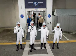 Cut: Roscosmos cosmonaut Andrey Fedyaev, left, NASA astronaut Warren “Woody' Hoburg, second from left, NASA astronaut Stephen Bowen, second from right, and UAE (United Arab Emirates) astronaut Sultan Alneyadi, right, wearing SpaceX spacesuits, are seen as they prepare to depart the Neil A. Armstrong Operations and Checkout Building for Launch Complex 39A to board the SpaceX Dragon spacecraft for the Crew-6 mission launch, Wednesday, March 1, 2023, at NASA’s Kennedy Space Center in Florida. Photo by NASA/Joel Kowsky. Cut: Roscosmos cosmonaut Andrey Fedyaev, left, NASA astronaut Warren “Woody' Hoburg, second from left, NASA astronaut Stephen Bowen, second from right, and UAE (United Arab Emirates) astronaut Sultan Alneyadi, right, wearing SpaceX spacesuits, are seen as they prepare to depart the Neil A. Armstrong Operations and Checkout Building for Launch Complex 39A to board the SpaceX Dragon spacecraft for the Crew-6 mission launch, Wednesday, March 1, 2023, at NASA’s Kennedy Space Center in Florida. Photo by NASA/Joel Kowsky.