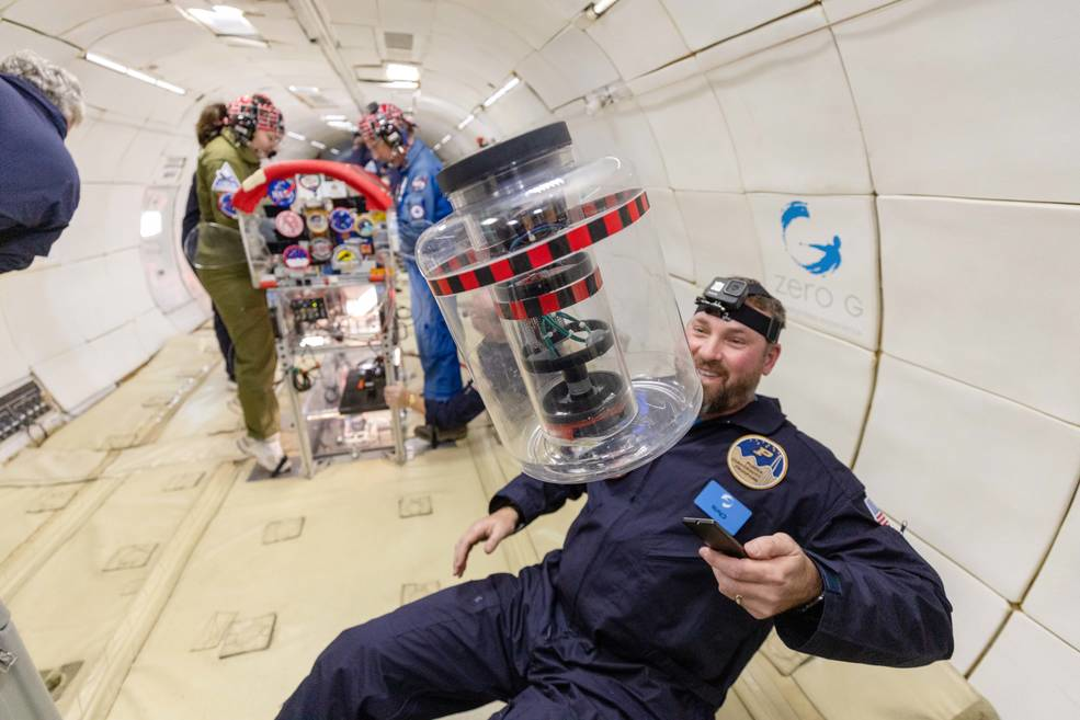 In a project led by Purdue University and supported by NASA TechFlights, researchers test various health care-related technologies in microgravity on a parabolic flight on November 16, 2022, to aid surgery in the uniquely challenging environment of space. Credits: Zero Gravity Corporation / Steve Boxall